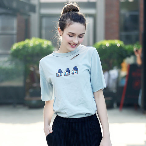 Fashion Casual T-Shirt Summer Loose Style Top Tees  New Women Hole Tops O Neck Short Sleeve Cartoon Summer Printed T-Shirts