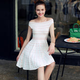 New Arrival Fashion Women Dress Vintage Summer Slash Neck Mini Dress Vestidos Office Dress Super Elastic A-line Slim Dress