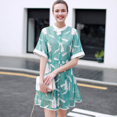 Fashion New Arrival Women Dress Vintage Summer Stand Knee Length Printed Dress Vestidos Office Dress A-line Slim Dress