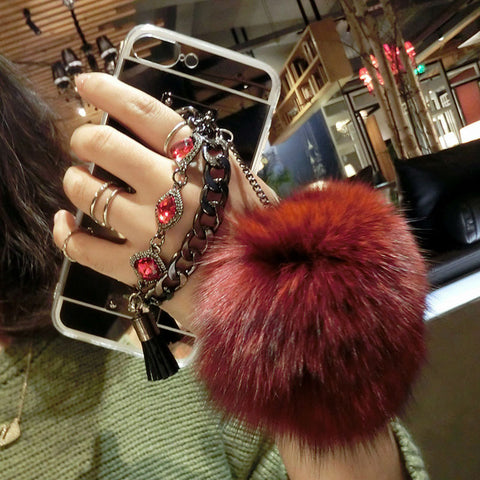 Luxury Diamond Double Chain Fox Fur Ball Silver Mirror Soft TPU Phone Back Cover Case For iPhone 5 5S SE 6 6S 7 Plus