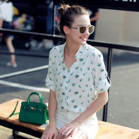 Fashion Women's Shirts Elegant Floral Printed Shirt Casual Three Quarter Sleeve Summer Chiffon Tops Vintage Women Shirts