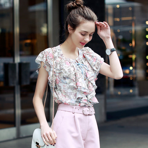 Fashion Women Blouses O-Neck Floral Printed Ruffles Chiffon Blouse Plus Size Vintage Womens Clothing Summer Tops