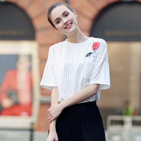 2017 New Fashion Summer Women Shirt Floral Printed Irregular Split T Shirt Striped Loose Casual Top Tees Harajuku Shirts