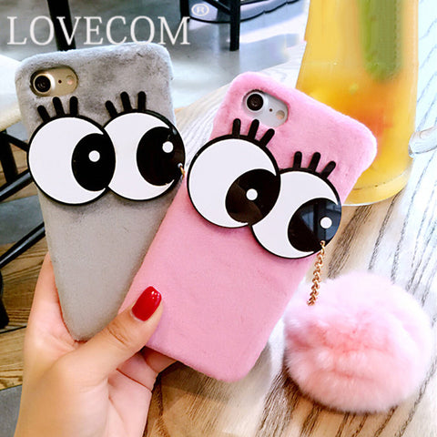 Luxury Fashion Soft Plush Rabbit fur Fluffy ball Fuzzy Eyes Phone Case For iPhone 7 For iPhone 6 6S 7 Plus Hard Phone Back Cover