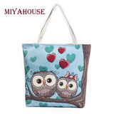 Miyahouse Cartoon Owl Printed Shoulder Bag Women Large Capacity Female Shopping Bag Canvas Handbag Summer Beach Bag Ladies