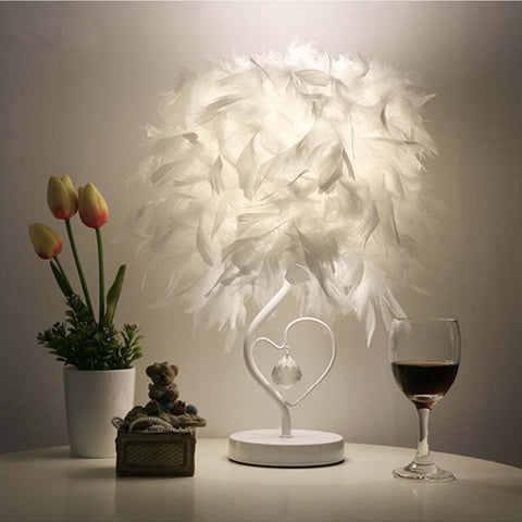 Bedside Reading Room Foyer Sitting Room Living Heart Shape White Feather Crystal Table Lamp Light With EU-Plug