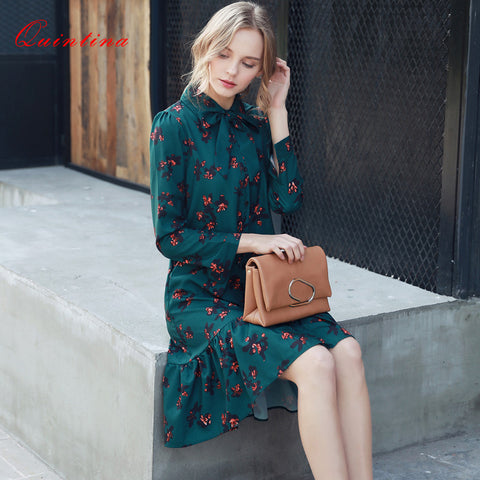 Quintina New Fashion Printed Women Dress Knee-Length Bohemian Lady Dress Vestidos Women Clothing Spring Vintage Dress