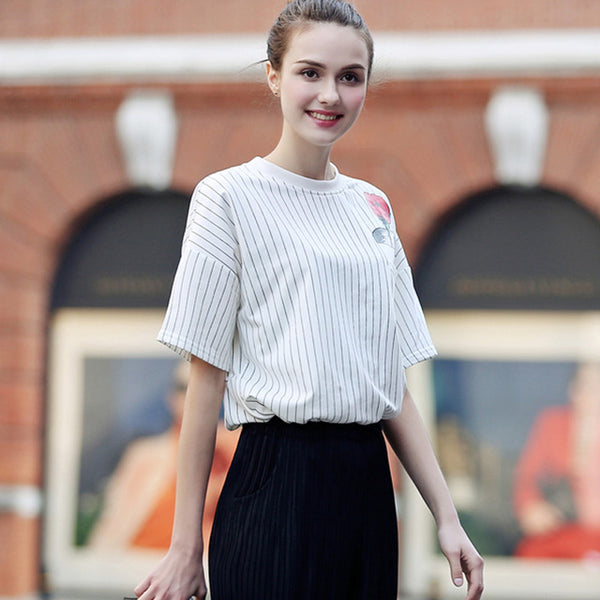 2017 New Fashion Summer Women Shirt Floral Printed Irregular Split T Shirt Striped Loose Casual Top Tees Harajuku Shirts