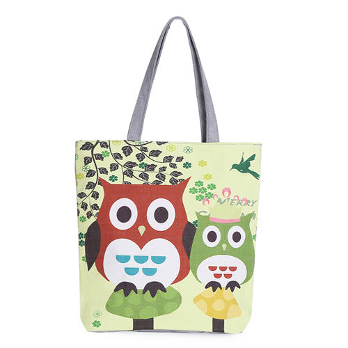 Floral And Owl Printed Canvas Tote Female Casual Beach Bags Large Capacity Women Single Shopping Bag Daily Use Canvas Handbags