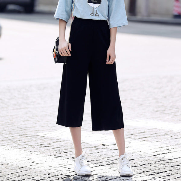2017 Fashion Summer Women Pants Wide Leg Pants Elastic Waist Ankle-Length Trousers Women Capri Loose Casual Pants
