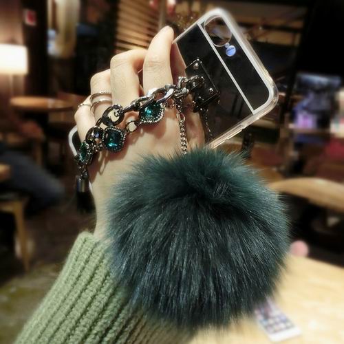 Luxury Diamond Double Chain Fox Fur Ball Silver Mirror Soft TPU Phone Back Cover Case For iPhone 5 5S SE 6 6S 7 Plus