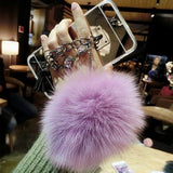 Luxury Diamond Double Chain Fox Fur Ball Silver Mirror Soft TPU Phone Back Cover Case For iPhone 5 5S SE 6 6S 7 Plus