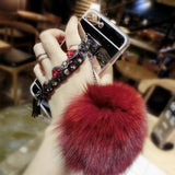 Luxury Diamond Double Chain Fox Fur Ball Silver Mirror Soft TPU Phone Back Cover Case For iPhone 5 5S SE 6 6S 7 Plus