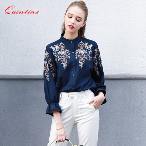 Quintina 2017 New Fashion Vintage Long Sleeve Embroidery Women Tops Mandarin Collar Spring Women Blouse Casual Lady Shirt
