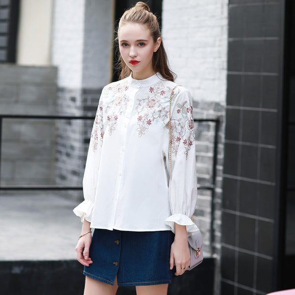 Quintina 2017 New Fashion Vintage Long Sleeve Embroidery Women Tops Mandarin Collar Spring Women Blouse Casual Lady Shirt