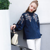 Quintina 2017 New Fashion Vintage Long Sleeve Embroidery Women Tops Mandarin Collar Spring Women Blouse Casual Lady Shirt