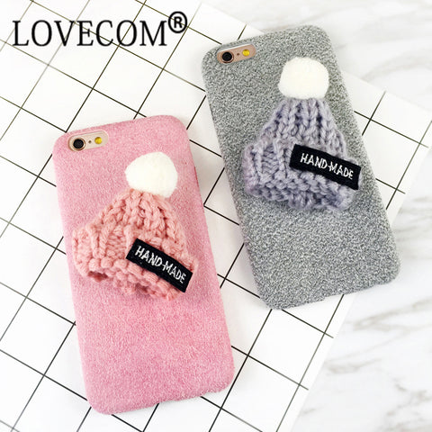 DIY Cute Hat Fuzzy Plush Winter Soft TPU Phone Back Cover Cases For iPhone 7 For iPhone 6 6S 7 Plus Phone Bags & Case YC2075