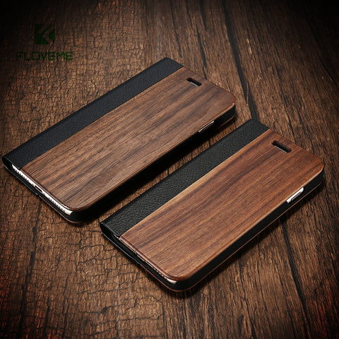 Bamboo Leather Flip Phone Case For iPhone 7 6 6s Natural Wood Protector Cover For iPhone 7 6 6s Plus Card Slot Wallet Case Coque