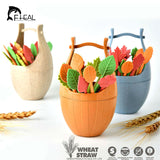 FHEAL 16pcs Green Biodegradable Wheat Straw Leaves Fruit Fork Set Party Cake Salad Vegetable Forks Picks Table Decor Tools
