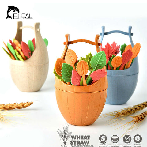FHEAL 16pcs Green Biodegradable Wheat Straw Leaves Fruit Fork Set Party Cake Salad Vegetable Forks Picks Table Decor Tools
