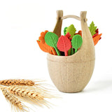 FHEAL 16pcs Green Biodegradable Wheat Straw Leaves Fruit Fork Set Party Cake Salad Vegetable Forks Picks Table Decor Tools