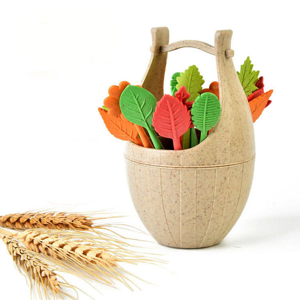 FHEAL 16pcs Green Biodegradable Wheat Straw Leaves Fruit Fork Set Party Cake Salad Vegetable Forks Picks Table Decor Tools