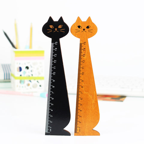 3PCS Creative Cute Wood Animal Straight Ruler Lovely Cat Shape Ruler Gift for Kids School Supplies Stationery Black Yellow