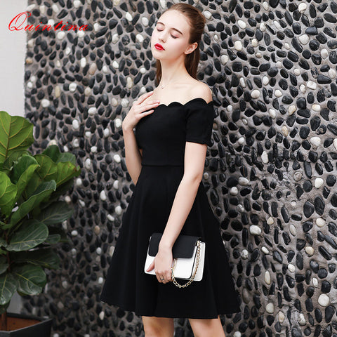 Quintina New Fashion Women Dress Vintage Summer Slash Neck Mini Dress Vestidos Office Dress Super Elastic A-line Prom Dresses