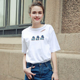 Fashion Casual T-Shirt Summer Loose Style Top Tees  New Women Hole Tops O Neck Short Sleeve Cartoon Summer Printed T-Shirts