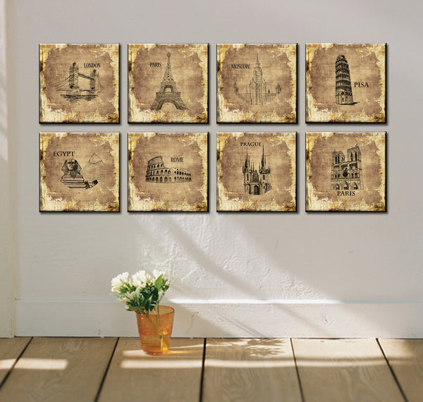 Cuadros Quadros 8 Piece Art Sets Modern Foreign Architecture Office Wall Painting Picture Paris Eiffel Tower London Canvas Print