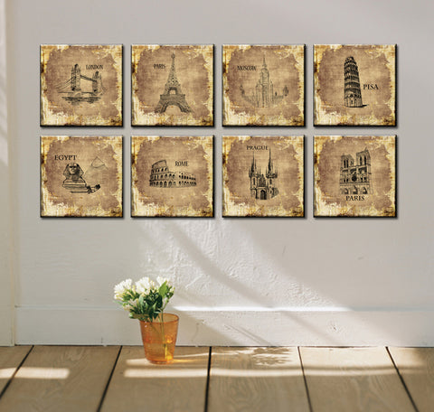 Cuadros Quadros 8 Piece Art Sets Modern Foreign Architecture Office Wall Painting Picture Paris Eiffel Tower London Canvas Print