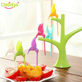 Delidge 6 pcs +1 Stand  Birds Tree Shape Fruits Fork  Plastic Vegetable Fork Fruit Snack Dessert Forks Holder For Party