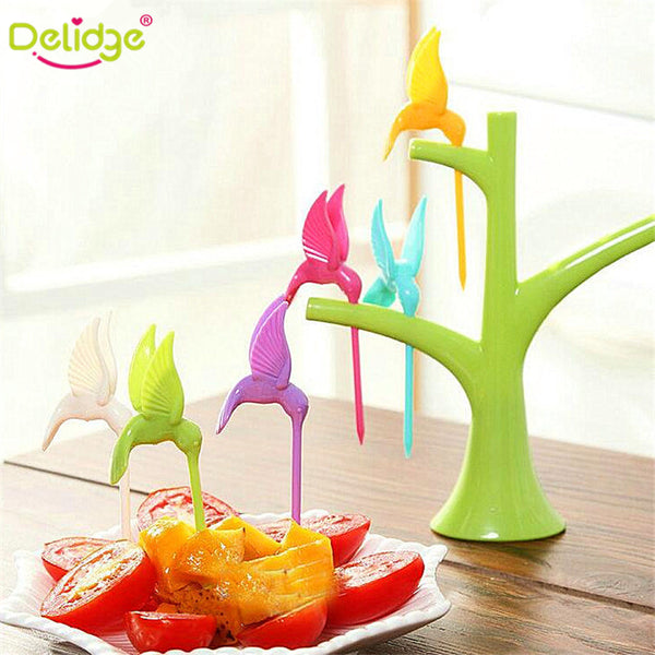 Delidge 6 pcs +1 Stand  Birds Tree Shape Fruits Fork  Plastic Vegetable Fork Fruit Snack Dessert Forks Holder For Party