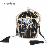 2017 Women unique Prom bags brand fashion Stylish metal hook flower embroidery hoop cage handbag novelty catwalk party dress bag