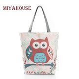 Floral And Owl Printed Canvas Tote Female Casual Beach Bags Large Capacity Women Single Shopping Bag Daily Use Canvas Handbags