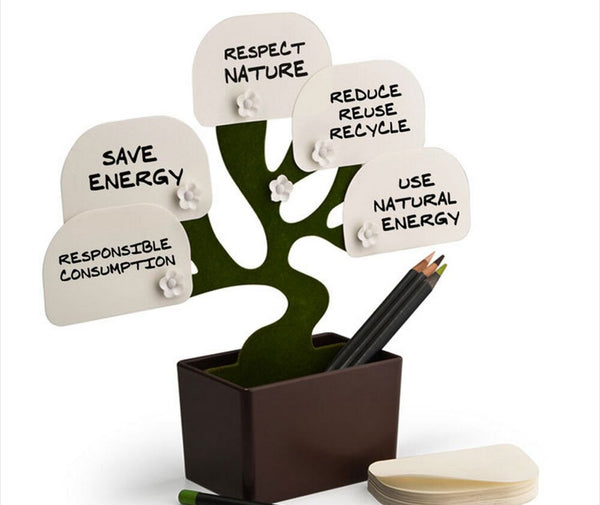 Desk Tree Bonsai Stationery/Office Notes Folder Pen Holder/Message Block Organize Notepads/5 Flower Magnetic Clip+Green Papers