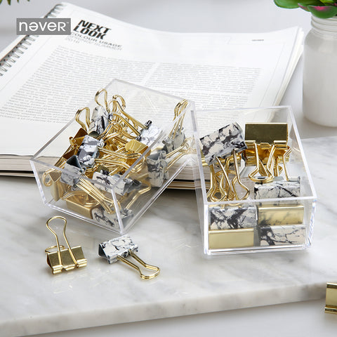 Never Marble Binder Clips Gold Metal Clips document Paper Clips with Clip Holder Fashion Office Accessories School Supplies