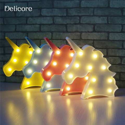 DELICORE Cute Unicorn Head Led Night Light Animal Marquee Lamps On Wall For Children Party Bedroom Decor Kids Gifts S027
