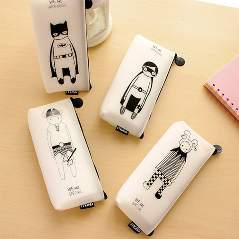 Korean Stationary White and Black Cartoon Character Pencil Bag , Hero Joker Funny Pencil Bag