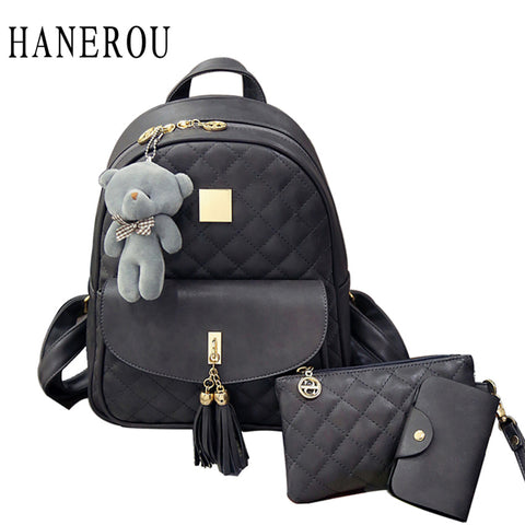 3 Pcs Bear Backpack Women Bag Diamond Lattice School Bags For Girls Backpacks For Women 2017 New Tassel Shoulder Bags Sac A Dos
