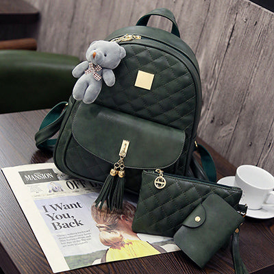 3 Pcs Bear Backpack Women Bag Diamond Lattice School Bags For Girls Backpacks For Women 2017 New Tassel Shoulder Bags Sac A Dos