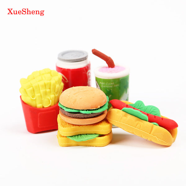6 PCS/Set Cute Kawaii Hamburger Food Drink Cola Rubber Eraser Set School Office Erase Supplies Kids Gifts