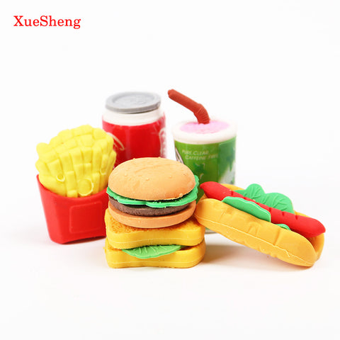 6 PCS/Set Cute Kawaii Hamburger Food Drink Cola Rubber Eraser Set School Office Erase Supplies Kids Gifts