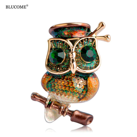 Blucome Big Green Eyes Owl Brooch Antique gold Color Animal Bird Pins Dress Clothing Accessories Collar Clip Dress Decor Female