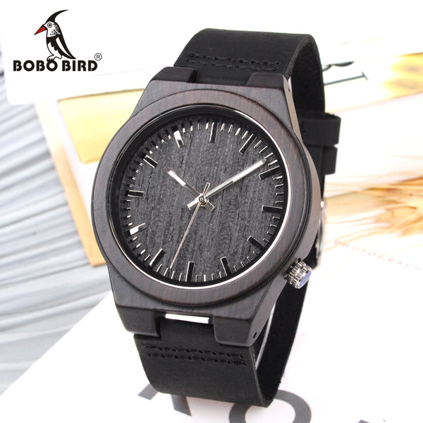 BOBO BIRD WB12 Men's Asymmetric Design Ebony Wooden Watches with Soft Leather Band with Gift Box as Gift Dropshipping Accept OEM
