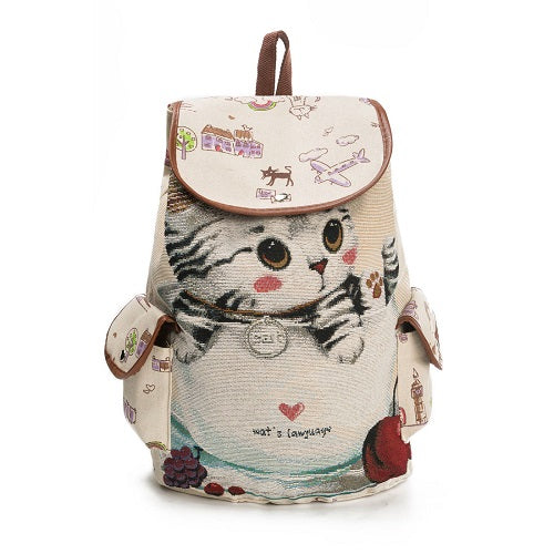 Miyahouse Casual Canvas School Backpack Women Lovely Cat Printed Drawstring Backpack Teenager Large Capacity Ladies School Bag