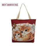 Miyahouse Large Capacity Women Shoulder Bag Canvas Ladies Handbag Lovely Cats Print Beach Bag Embroidery Shopping Bag Female