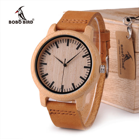 BOBO BIRD WA16 Watch for Men Women Bamboo Wood Quartz Watches With Scale Soft Leather Straps