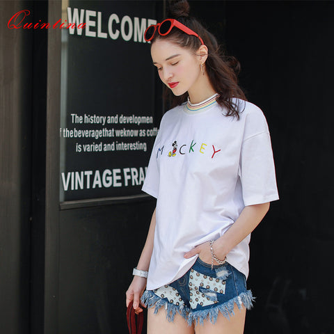 Quintina New Fashion Women Tops Short Sleeve Embroidery T-Shirt Women O-Neck Sweet Summer Top Tees Plus Size Female Kawaii Shirt