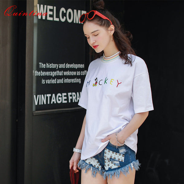 Quintina New Fashion Women Tops Short Sleeve Embroidery T-Shirt Women O-Neck Sweet Summer Top Tees Plus Size Female Kawaii Shirt